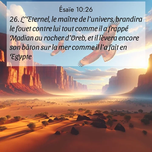 Segond21 Ésaïe  ; image nature: image avec le verset biblique :L&#039;Eternel, le maître de l&#039;univers, brandira le fouet contre lui tout comme il a frappé Madian au rocher d&#039;Oreb, et il lèvera encore son bâton sur la mer comme il l&#039;a fait en Egypte. ;  ; 10:26