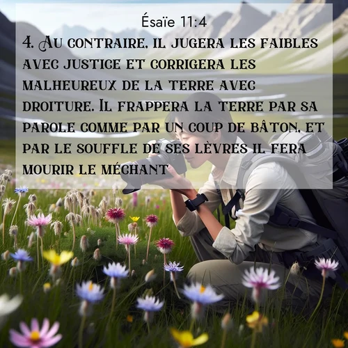 Segond21 Ésaïe  ; image nature: image avec le verset biblique :Au contraire, il jugera les faibles avec justice et corrigera les malheureux de la terre avec droiture. Il frappera la terre par sa parole comme par un coup de bâton, et par le souffle de ses lèvres il fera mourir le méchant. ;  ; 11:4