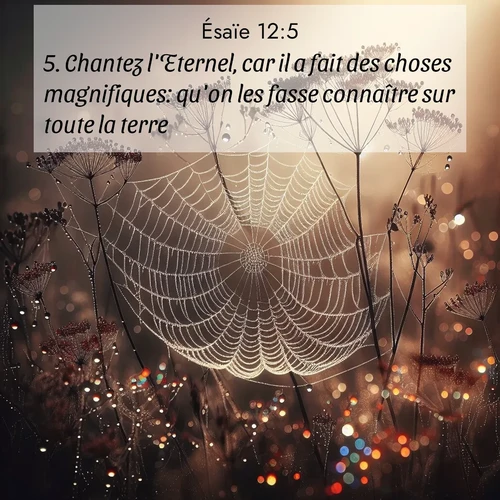 Segond21 Ésaïe  ; image nature: image avec le verset biblique :Chantez l&#039;Eternel, car il a fait des choses magnifiques: qu&#039;on les fasse connaître sur toute la terre!» ;  ; 12:5