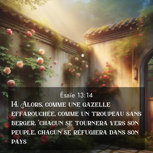 Segond21 Ésaïe  ; image nature: image avec le verset biblique :Alors, comme une gazelle effarouchée, comme un troupeau sans berger, *chacun se tournera vers son peuple, chacun se réfugiera dans son pays. ;  ; 13:14