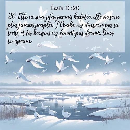 Segond21 Ésaïe  ; image nature: image avec le verset biblique :Elle ne sera plus jamais habitée, elle ne sera plus jamais peuplée. L&#039;Arabe n&#039;y dressera pas sa tente et les bergers n&#039;y feront pas dormir leurs troupeaux. ;  ; 13:20