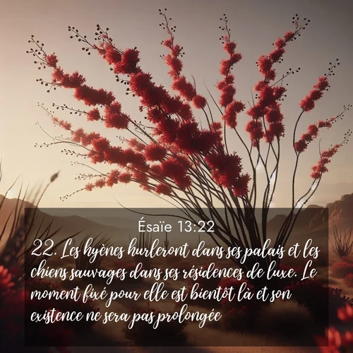 Segond21 Ésaïe  ; image nature: image avec le verset biblique :Les hyènes hurleront dans ses palais et les chiens sauvages dans ses résidences de luxe. Le moment fixé pour elle est bientôt là et son existence ne sera pas prolongée. ;  ; 13:22