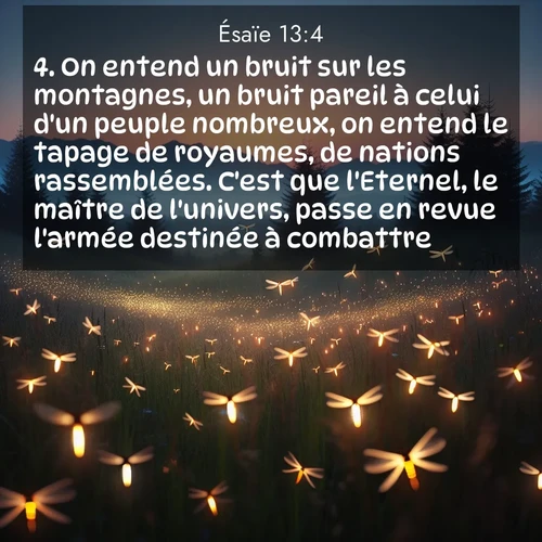 Segond21 Ésaïe  ; image nature: image avec le verset biblique :On entend un bruit sur les montagnes, un bruit pareil à celui d&#039;un peuple nombreux, on entend le tapage de royaumes, de nations rassemblées. C&#039;est que l&#039;Eternel, le maître de l&#039;univers, passe en revue l&#039;armée destinée à combattre. ;  ; 13:4