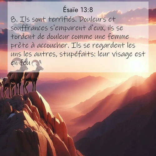 Segond21 Ésaïe  ; image nature: image avec le verset biblique :Ils sont terrifiés. Douleurs et souffrances s&#039;emparent d&#039;eux, ils se tordent de douleur comme une femme prête à accoucher. Ils se regardent les uns les autres, stupéfaits: leur visage est en feu. ;  ; 13:8