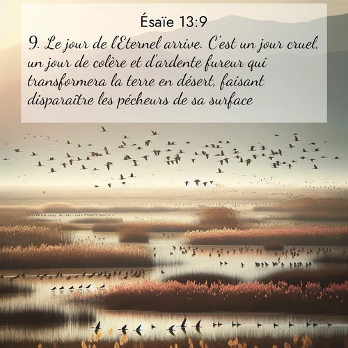 Segond21 Ésaïe  ; image nature: image avec le verset biblique :Le jour de l&#039;Eternel arrive. C&#039;est un jour cruel, un jour de colère et d&#039;ardente fureur qui transformera la terre en désert, faisant disparaître les pécheurs de sa surface. ;  ; 13:9