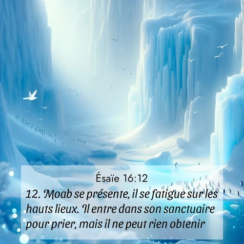 Segond21 Ésaïe  ; image nature: image avec le verset biblique :Moab se présente, il se fatigue sur les hauts lieux. Il entre dans son sanctuaire pour prier, mais il ne peut rien obtenir. ;  ; 16:12