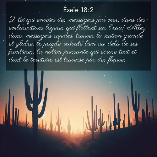 Segond21 Ésaïe  ; image nature: image avec le verset biblique :toi qui envoies des messagers par mer, dans des embarcations légères qui flottent sur l&#039;eau! Allez donc, messagers rapides, trouver la nation grande et glabre, le peuple redouté bien au-delà de ses frontières, la nation puissante qui écrase tout et dont le territoire est traversé par des fleuves! ;  ; 18:2