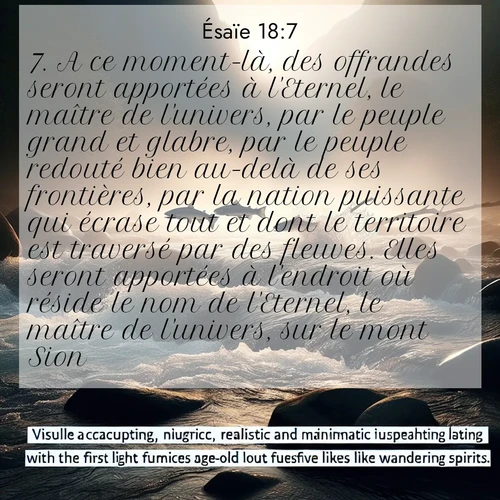 Segond21 Ésaïe  ; image nature: image avec le verset biblique :A ce moment-là, des offrandes seront apportées à l&#039;Eternel, le maître de l&#039;univers, par le peuple grand et glabre, par le peuple redouté bien au-delà de ses frontières, par la nation puissante qui écrase tout et dont le territoire est traversé par des fleuves. Elles seront apportées à l&#039;endroit où réside le nom de l&#039;Eternel, le maître de l&#039;univers, sur le mont Sion. ;  ; 18:7