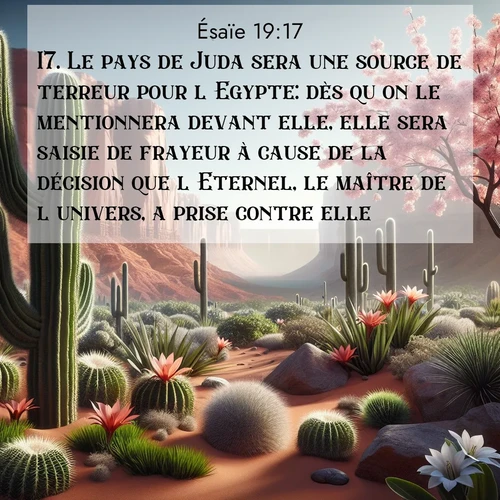 Segond21 Ésaïe  ; image nature: image avec le verset biblique :Le pays de Juda sera une source de terreur pour l&#039;Egypte: dès qu&#039;on le mentionnera devant elle, elle sera saisie de frayeur à cause de la décision que l&#039;Eternel, le maître de l&#039;univers, a prise contre elle. ;  ; 19:17