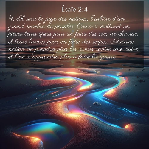 Segond21 Ésaïe  ; image nature: image avec le verset biblique :Il sera le juge des nations, l&#039;arbitre d&#039;un grand nombre de peuples. Ceux-ci mettront en pièces leurs épées pour en faire des socs de charrue, et leurs lances pour en faire des serpes. Aucune nation ne prendra plus les armes contre une autre et l&#039;on n&#039;apprendra plus à faire la guerre. ;  ; 2:4