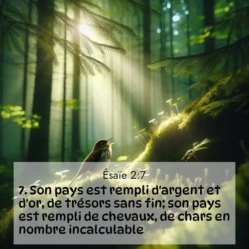 Segond21 Ésaïe  ; image nature: image avec le verset biblique :Son pays est rempli d&#039;argent et d&#039;or, de trésors sans fin; son pays est rempli de chevaux, de chars en nombre incalculable. ;  ; 2:7