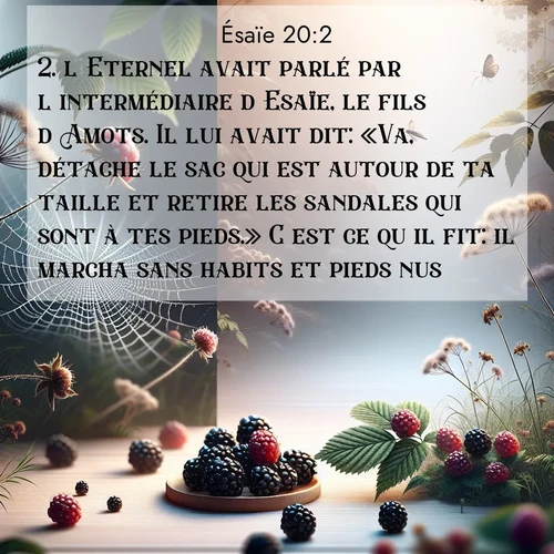citation biblique : 2. l&#039;Eternel avait parlé par l&#039;intermédiaire d&#039;Esaïe, le fils d&#039;Amots. Il lui avait dit: «Va, détache le sac qui est autour de ta taille et retire les sandales qui sont à tes pieds.» C&#039;est ce qu&#039;il fit: il marcha sans habits et pieds nus.
 sur fond image nature