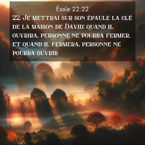 Segond21 Ésaïe  ; image nature: image avec le verset biblique :Je mettrai sur son épaule la clé de la maison de David: quand il ouvrira, personne ne pourra fermer, et quand il fermera, personne ne pourra ouvrir. ;  ; 22:22