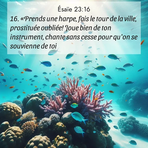 Segond21 Ésaïe  ; image nature: image avec le verset biblique :«Prends une harpe, fais le tour de la ville, prostituée oubliée! Joue bien de ton instrument, chante sans cesse pour qu&#039;on se souvienne de toi!» ;  ; 23:16
