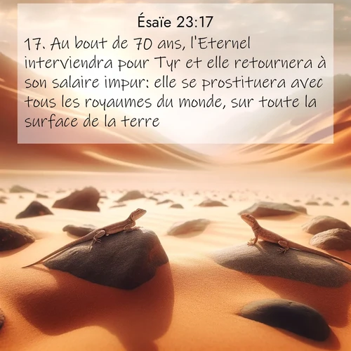 Segond21 Ésaïe  ; image nature: image avec le verset biblique :Au bout de 70 ans, l&#039;Eternel interviendra pour Tyr et elle retournera à son salaire impur: elle se prostituera avec tous les royaumes du monde, sur toute la surface de la terre, ;  ; 23:17