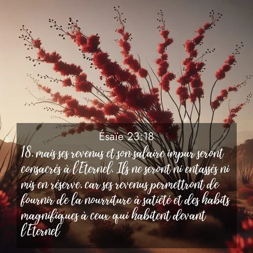 Segond21 Ésaïe  ; image nature: image avec le verset biblique :mais ses revenus et son salaire impur seront consacrés à l&#039;Eternel. Ils ne seront ni entassés ni mis en réserve, car ses revenus permettront de fournir de la nourriture à satiété et des habits magnifiques à ceux qui habitent devant l&#039;Eternel. ;  ; 23:18