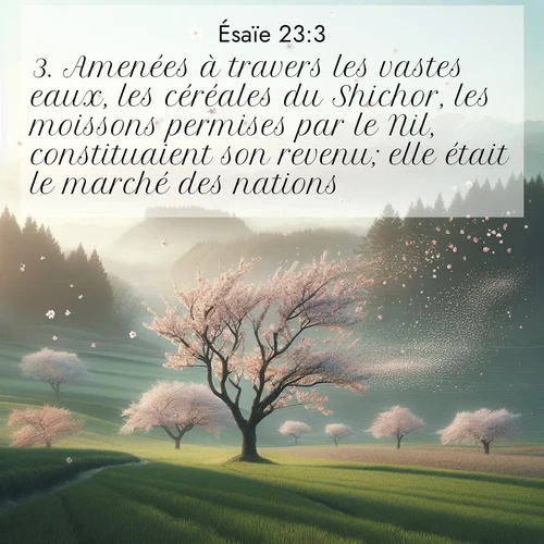 Segond21 Ésaïe  ; image nature: image avec le verset biblique :Amenées à travers les vastes eaux, les céréales du Shichor, les moissons permises par le Nil, constituaient son revenu; elle était le marché des nations. ;  ; 23:3