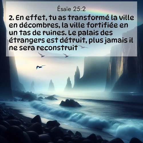 citation biblique : 2. En effet, tu as transformé la ville en décombres, la ville fortifiée en un tas de ruines. Le palais des étrangers est détruit, plus jamais il ne sera reconstruit.
 sur fond image nature