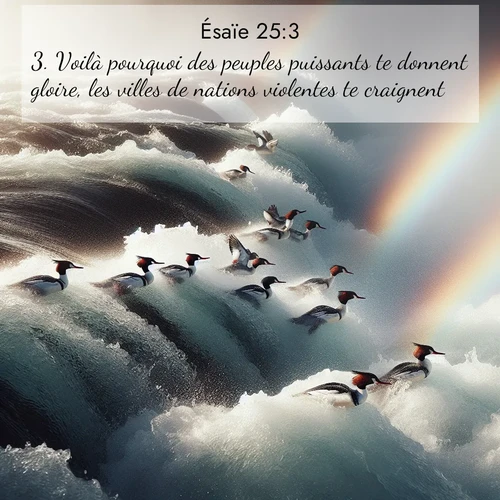 citation biblique : 3. Voilà pourquoi des peuples puissants te donnent gloire, les villes de nations violentes te craignent.
 sur fond image nature