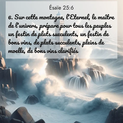 citation biblique : 6. Sur cette montagne, l&#039;Eternel, le maître de l&#039;univers, prépare pour tous les peuples un festin de plats succulents, un festin de bons vins, de plats succulents, pleins de moelle, de bons vins clarifiés.
 sur fond image nature