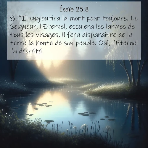citation biblique : 8. *Il engloutira la mort pour toujours. Le Seigneur, l&#039;Eternel, essuiera les larmes de tous les visages, il fera disparaître de la terre la honte de son peuple. Oui, l&#039;Eternel l&#039;a décrété.
 sur fond image nature