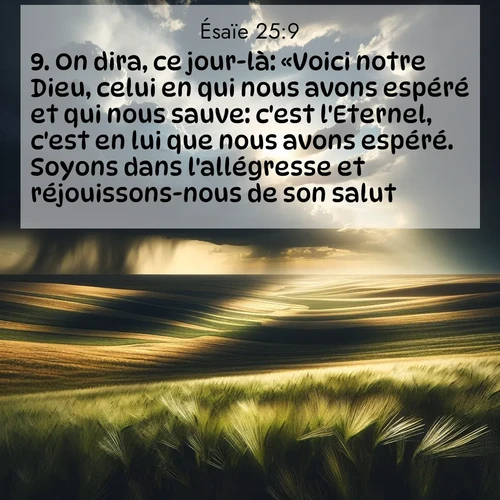 citation biblique : 9. On dira, ce jour-là: «Voici notre Dieu, celui en qui nous avons espéré et qui nous sauve: c&#039;est l&#039;Eternel, c&#039;est en lui que nous avons espéré. Soyons dans l&#039;allégresse et réjouissons-nous de son salut!»
 sur fond image nature