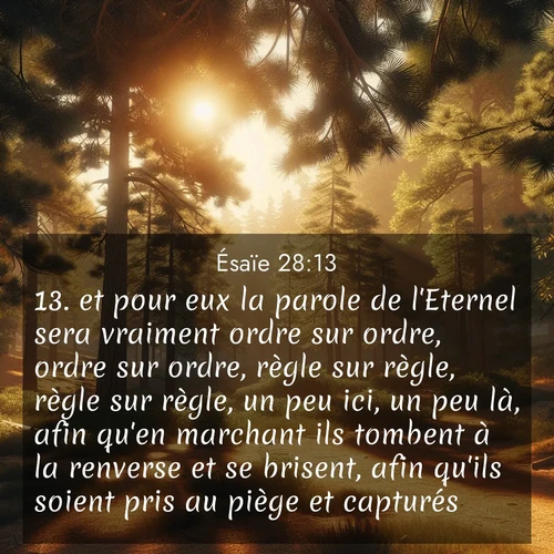 Segond21 Ésaïe  ; image nature: image avec le verset biblique :et pour eux la parole de l&#039;Eternel sera vraiment ordre sur ordre, ordre sur ordre, règle sur règle, règle sur règle, un peu ici, un peu là, afin qu&#039;en marchant ils tombent à la renverse et se brisent, afin qu&#039;ils soient pris au piège et capturés. ;  ; 28:13