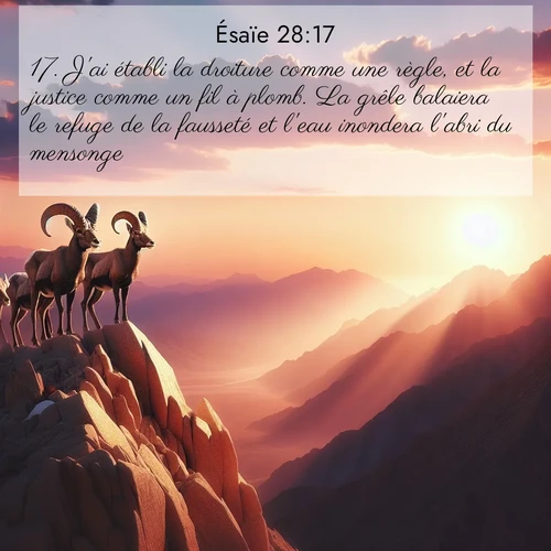 Segond21 Ésaïe  ; image nature: image avec le verset biblique :J&#039;ai établi la droiture comme une règle, et la justice comme un fil à plomb. La grêle balaiera le refuge de la fausseté et l&#039;eau inondera l&#039;abri du mensonge. ;  ; 28:17