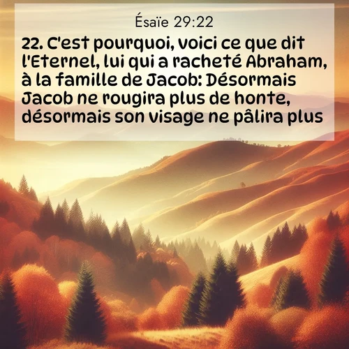 Segond21 Ésaïe  ; image nature: image avec le verset biblique :C&#039;est pourquoi, voici ce que dit l&#039;Eternel, lui qui a racheté Abraham, à la famille de Jacob: Désormais Jacob ne rougira plus de honte, désormais son visage ne pâlira plus. ;  ; 29:22