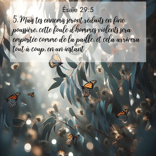 Segond21 Ésaïe  ; image nature: image avec le verset biblique :Mais tes ennemis seront réduits en fine poussière, cette foule d&#039;hommes violents sera emportée comme de la paille, et cela arrivera tout à coup, en un instant. ;  ; 29:5