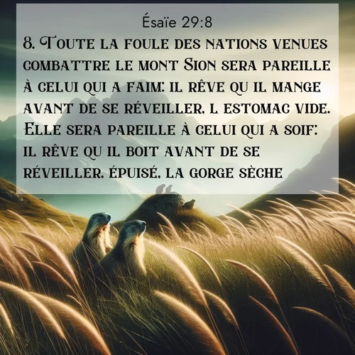 Segond21 Ésaïe  ; image nature: image avec le verset biblique :Toute la foule des nations venues combattre le mont Sion sera pareille à celui qui a faim: il rêve qu&#039;il mange avant de se réveiller, l&#039;estomac vide. Elle sera pareille à celui qui a soif: il rêve qu&#039;il boit avant de se réveiller, épuisé, la gorge sèche. ;  ; 29:8