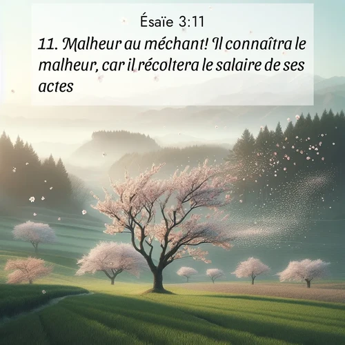 Segond21 Ésaïe  ; image nature: image avec le verset biblique :Malheur au méchant! Il connaîtra le malheur, car il récoltera le salaire de ses actes. ;  ; 3:11