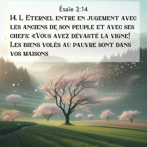 Segond21 Ésaïe  ; image nature: image avec le verset biblique :L&#039;Eternel entre en jugement avec les anciens de son peuple et avec ses chefs: «Vous avez dévasté la vigne! Les biens volés au pauvre sont dans vos maisons! ;  ; 3:14