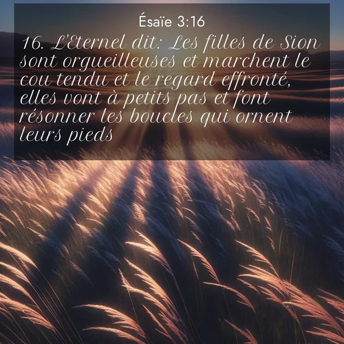 Segond21 Ésaïe  ; image nature: image avec le verset biblique :L&#039;Eternel dit: Les filles de Sion sont orgueilleuses et marchent le cou tendu et le regard effronté, elles vont à petits pas et font résonner les boucles qui ornent leurs pieds. ;  ; 3:16
