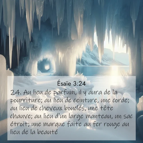 Segond21 Ésaïe  ; image nature: image avec le verset biblique :Au lieu de parfum, il y aura de la pourriture; au lieu de ceinture, une corde; au lieu de cheveux bouclés, une tête chauve; au lieu d&#039;un large manteau, un sac étroit; une marque faite au fer rouge au lieu de la beauté. ;  ; 3:24