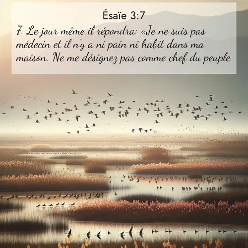 Segond21 Ésaïe  ; image nature: image avec le verset biblique :Le jour même il répondra: «Je ne suis pas médecin et il n&#039;y a ni pain ni habit dans ma maison. Ne me désignez pas comme chef du peuple!» ;  ; 3:7