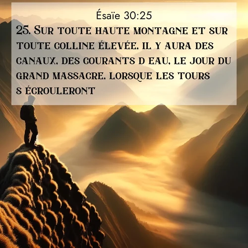 Segond21 Ésaïe  ; image nature: image avec le verset biblique :Sur toute haute montagne et sur toute colline élevée, il y aura des canaux, des courants d&#039;eau, le jour du grand massacre, lorsque les tours s&#039;écrouleront. ;  ; 30:25