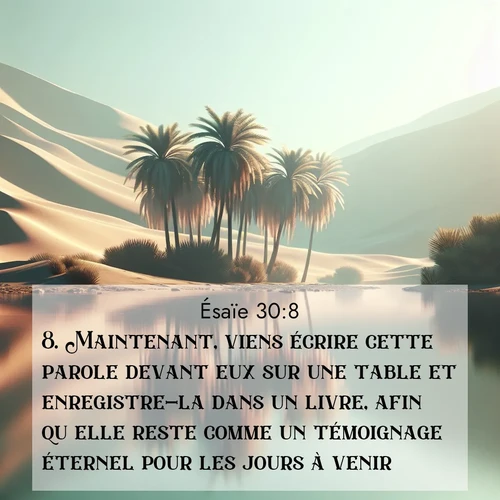 Segond21 Ésaïe  ; image nature: image avec le verset biblique :Maintenant, viens écrire cette parole devant eux sur une table et enregistre-la dans un livre, afin qu&#039;elle reste comme un témoignage éternel pour les jours à venir. ;  ; 30:8