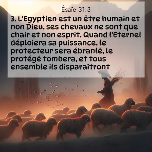 citation biblique : 3. L&#039;Egyptien est un être humain et non Dieu, ses chevaux ne sont que chair et non esprit. Quand l&#039;Eternel déploiera sa puissance, le protecteur sera ébranlé, le protégé tombera, et tous ensemble ils disparaîtront.
 sur fond image nature