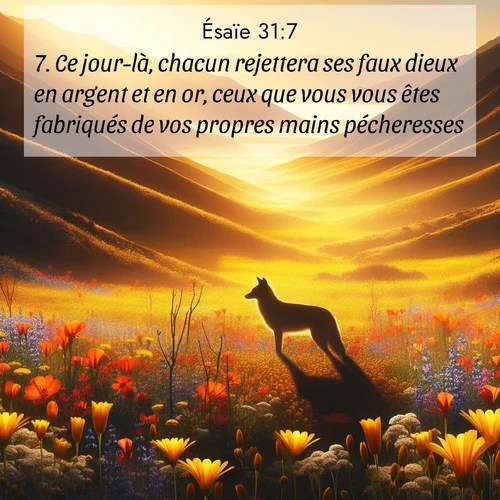 citation biblique : 7. Ce jour-là, chacun rejettera ses faux dieux en argent et en or, ceux que vous vous êtes fabriqués de vos propres mains pécheresses.
 sur fond image nature