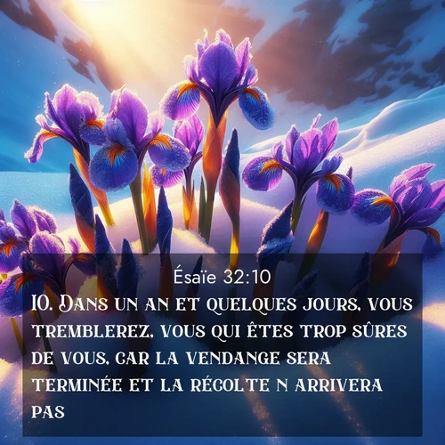 Segond21 Ésaïe  ; image nature: image avec le verset biblique :Dans un an et quelques jours, vous tremblerez, vous qui êtes trop sûres de vous, car la vendange sera terminée et la récolte n&#039;arrivera pas. ;  ; 32:10
