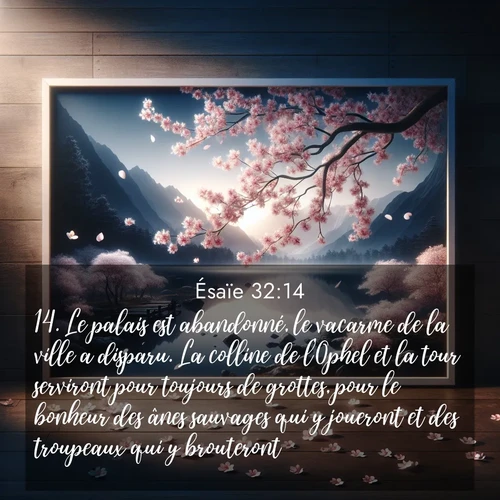 Segond21 Ésaïe  ; image nature: image avec le verset biblique :Le palais est abandonné, le vacarme de la ville a disparu. La colline de l&#039;Ophel et la tour serviront pour toujours de grottes, pour le bonheur des ânes sauvages qui y joueront et des troupeaux qui y brouteront, ;  ; 32:14