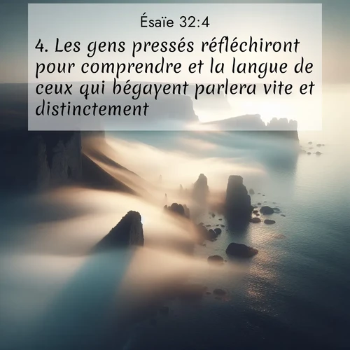 Segond21 Ésaïe  ; image nature: image avec le verset biblique :Les gens pressés réfléchiront pour comprendre et la langue de ceux qui bégayent parlera vite et distinctement. ;  ; 32:4