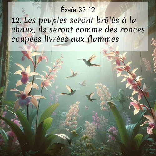 Segond21 Ésaïe  ; image nature: image avec le verset biblique :Les peuples seront brûlés à la chaux, ils seront comme des ronces coupées livrées aux flammes. ;  ; 33:12
