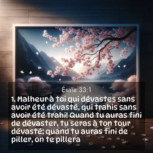 citation biblique : 1. Malheur à toi qui dévastes sans avoir été dévasté, qui trahis sans avoir été trahi! Quand tu auras fini de dévaster, tu seras à ton tour dévasté; quand tu auras fini de piller, on te pillera.
 sur fond image nature