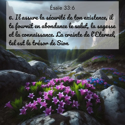 Segond21 Ésaïe  ; image nature: image avec le verset biblique :Il assure la sécurité de ton existence, il te fournit en abondance le salut, la sagesse et la connaissance. La crainte de l&#039;Eternel, tel est le trésor de Sion. ;  ; 33:6