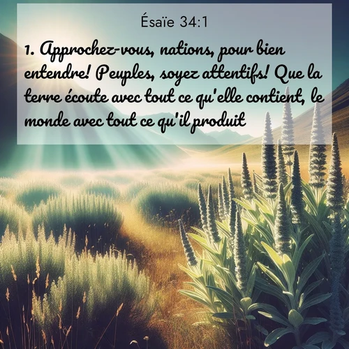 citation biblique : 1. Approchez-vous, nations, pour bien entendre! Peuples, soyez attentifs! Que la terre écoute avec tout ce qu&#039;elle contient, le monde avec tout ce qu&#039;il produit!
 sur fond image nature