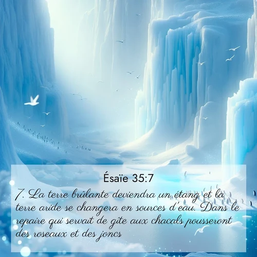 Segond21 Ésaïe  ; image nature: image avec le verset biblique :La terre brûlante deviendra un étang et la terre aride se changera en sources d&#039;eau. Dans le repaire qui servait de gîte aux chacals pousseront des roseaux et des joncs. ;  ; 35:7