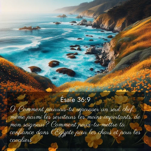 Segond21 Ésaïe  ; image nature: image avec le verset biblique :Comment pourrais-tu repousser un seul chef, même parmi les serviteurs les moins importants, de mon seigneur? Comment peux-tu mettre ta confiance dans l&#039;Egypte pour les chars et pour les cavaliers? ;  ; 36:9
