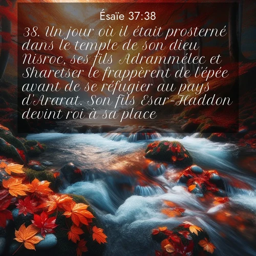 Segond21 Ésaïe  ; image nature: image avec le verset biblique :Un jour où il était prosterné dans le temple de son dieu Nisroc, ses fils Adrammélec et Sharetser le frappèrent de l&#039;épée avant de se réfugier au pays d&#039;Ararat. Son fils Esar-Haddon devint roi à sa place. ;  ; 37:38